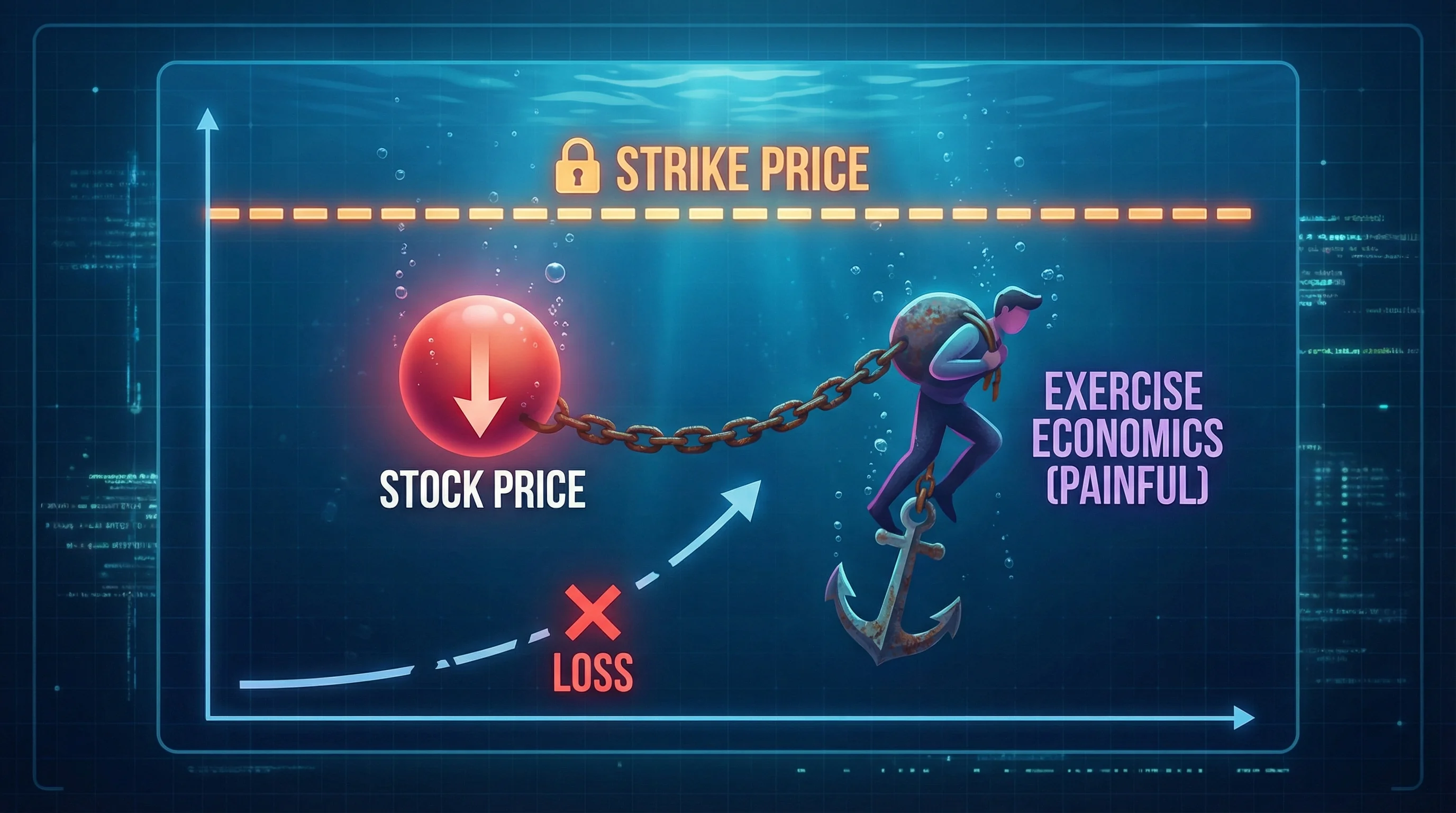 Underwater stock options concept when market price falls below exercise price