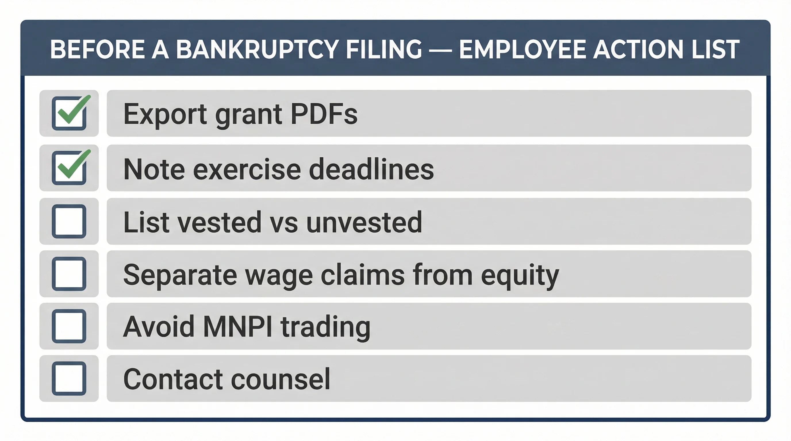 Checklist infographic for employees before a bankruptcy filing: export grants, note deadlines, list vested versus unvested awards