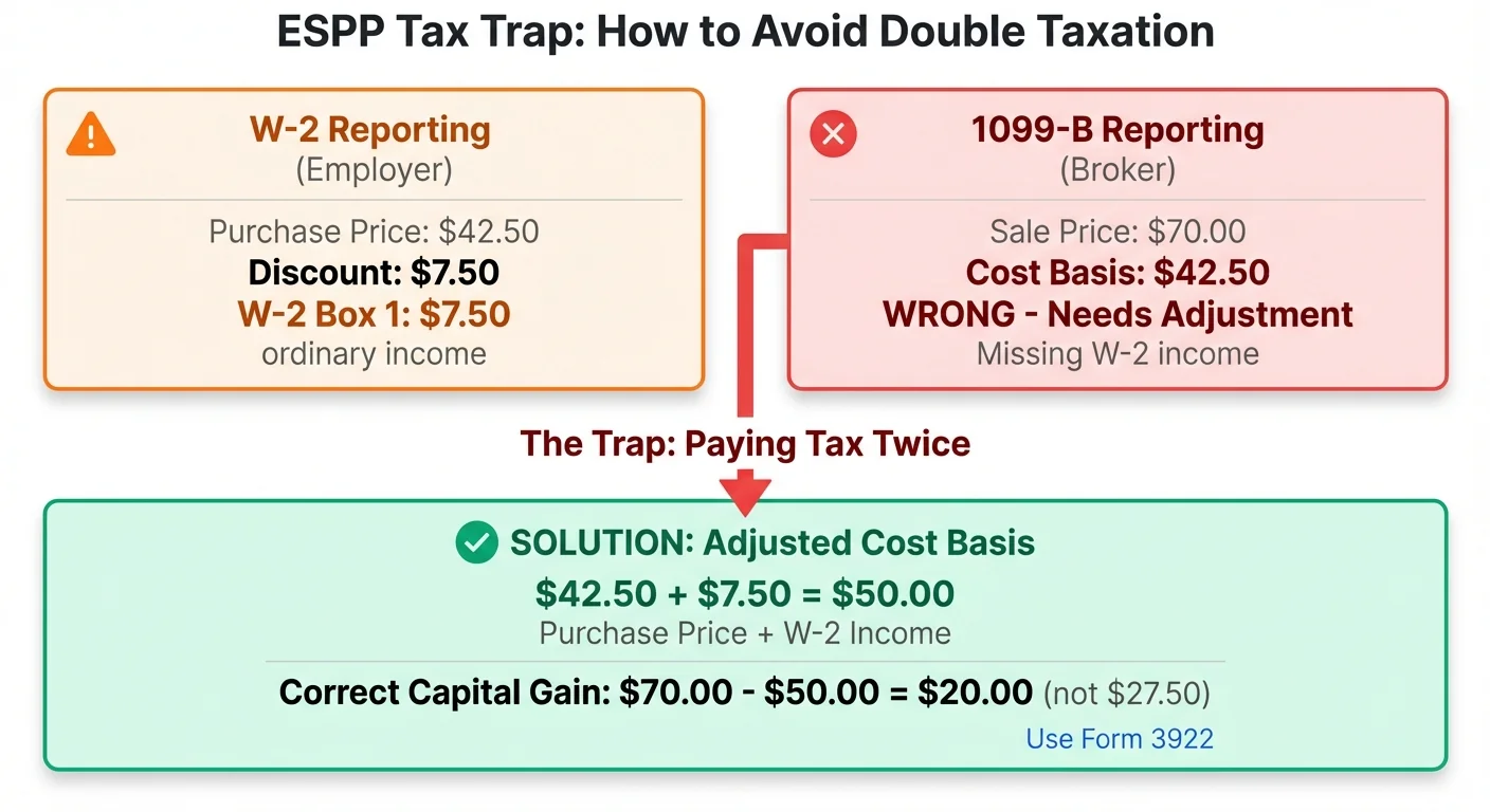 ESPP double taxation trap infographic explaining why Form 1099-B basis is wrong. Two-column comparison: W-2 Reporting (employer) shows $7.50 ordinary income, while 1099-B Reporting (broker) shows incorrect basis of $42.50. The trap: paying tax twice on the same discount. Solution: Adjusted Basis = $42.50 + $7.50 = $50.00, resulting in correct capital gain of $20 (not $27.50). Includes Form 3922 reference and step-by-step visual flow