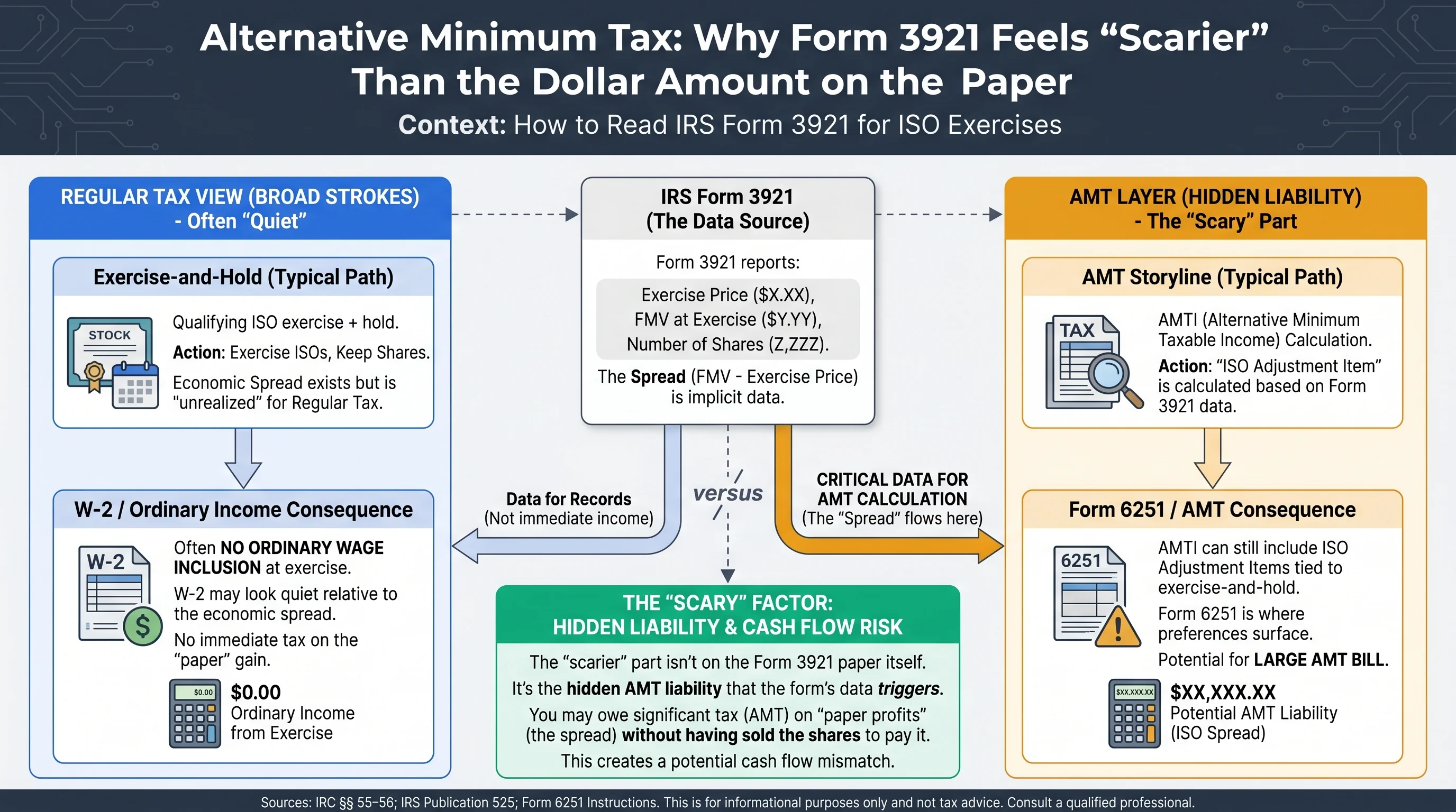 Checklist infographic: verify grant and exercise dates, compute ISO spread, model AMT, file with tax preparer, retain for future stock sales