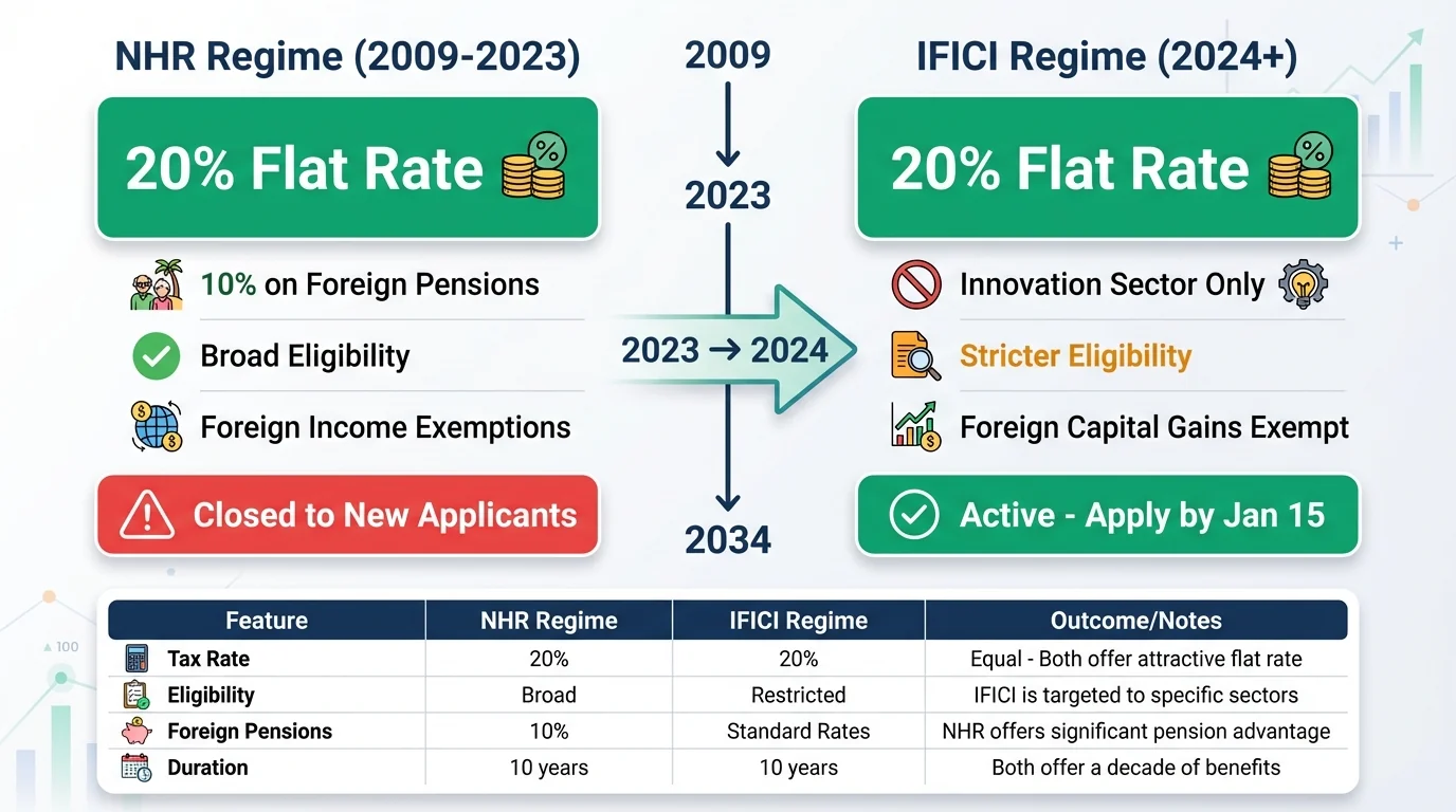 Comparison infographic: Portugal NHR regime (2009-2023) vs IFICI regime (2024+). Shows 20% flat rate for both, eligibility differences, foreign pension treatment, and key transition dates.