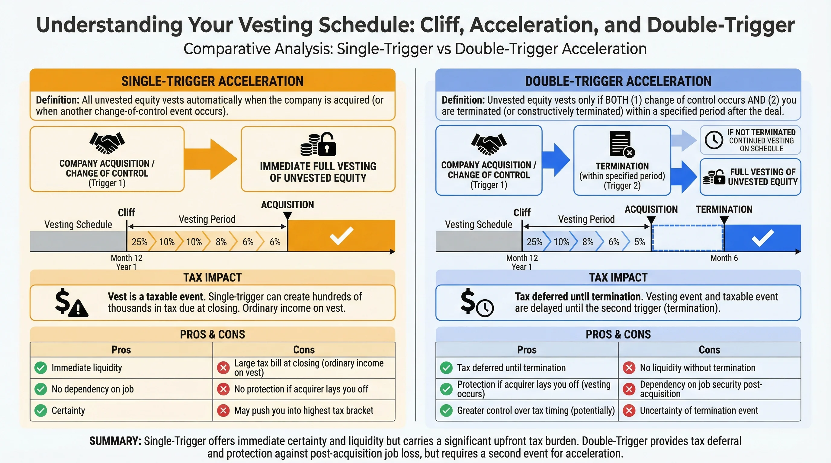 Single-trigger vs double-trigger acceleration infographic: single vests all on deal close, double vests only if terminated after deal