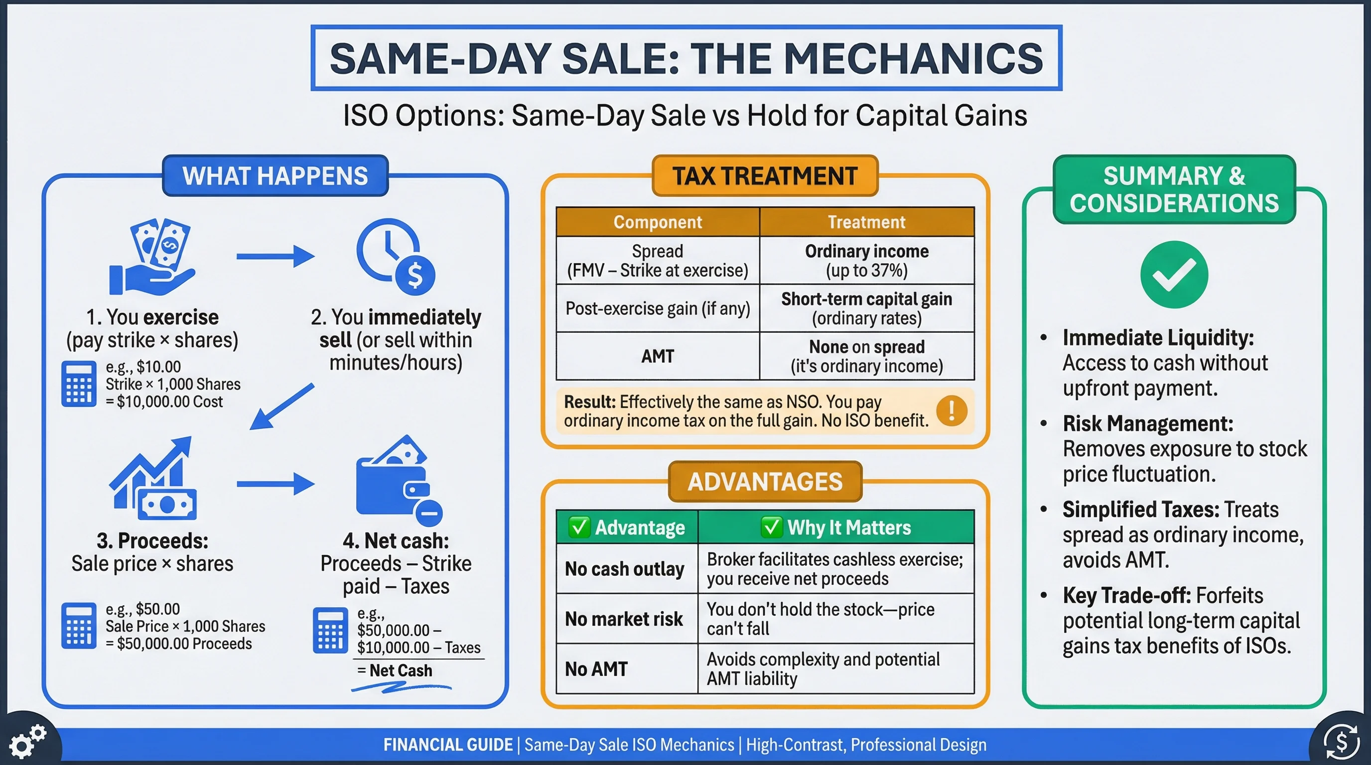 Same-day sale vs hold decision infographic: cash flow, tax treatment, risk comparison for ISO exercise strategies
